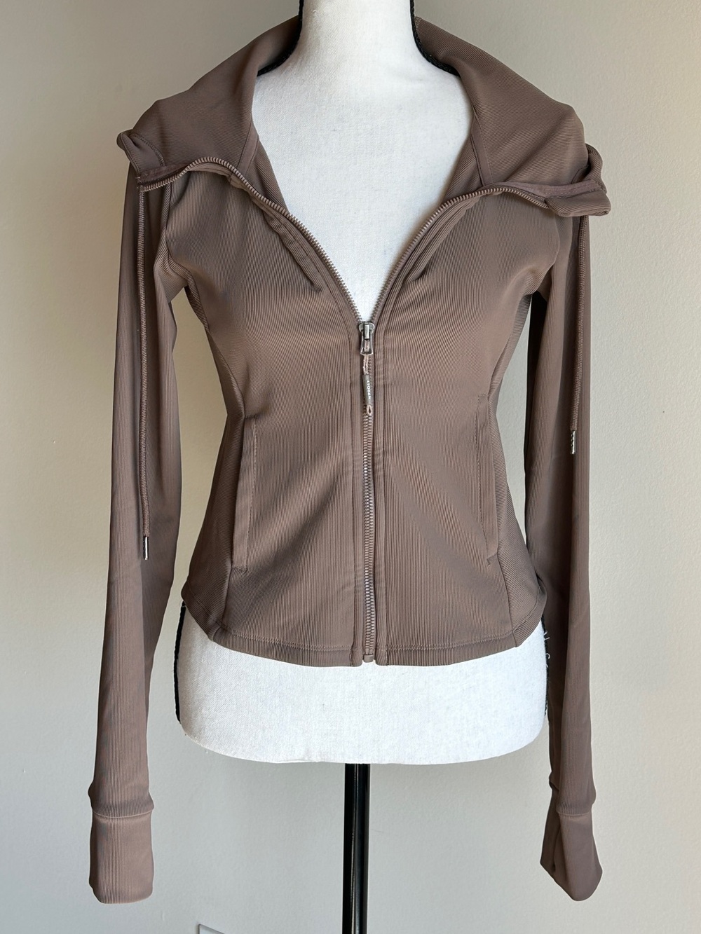 Kyodan Taupe Fitted Ribbed Zip-Up Jacket with Hood & Thumbholes